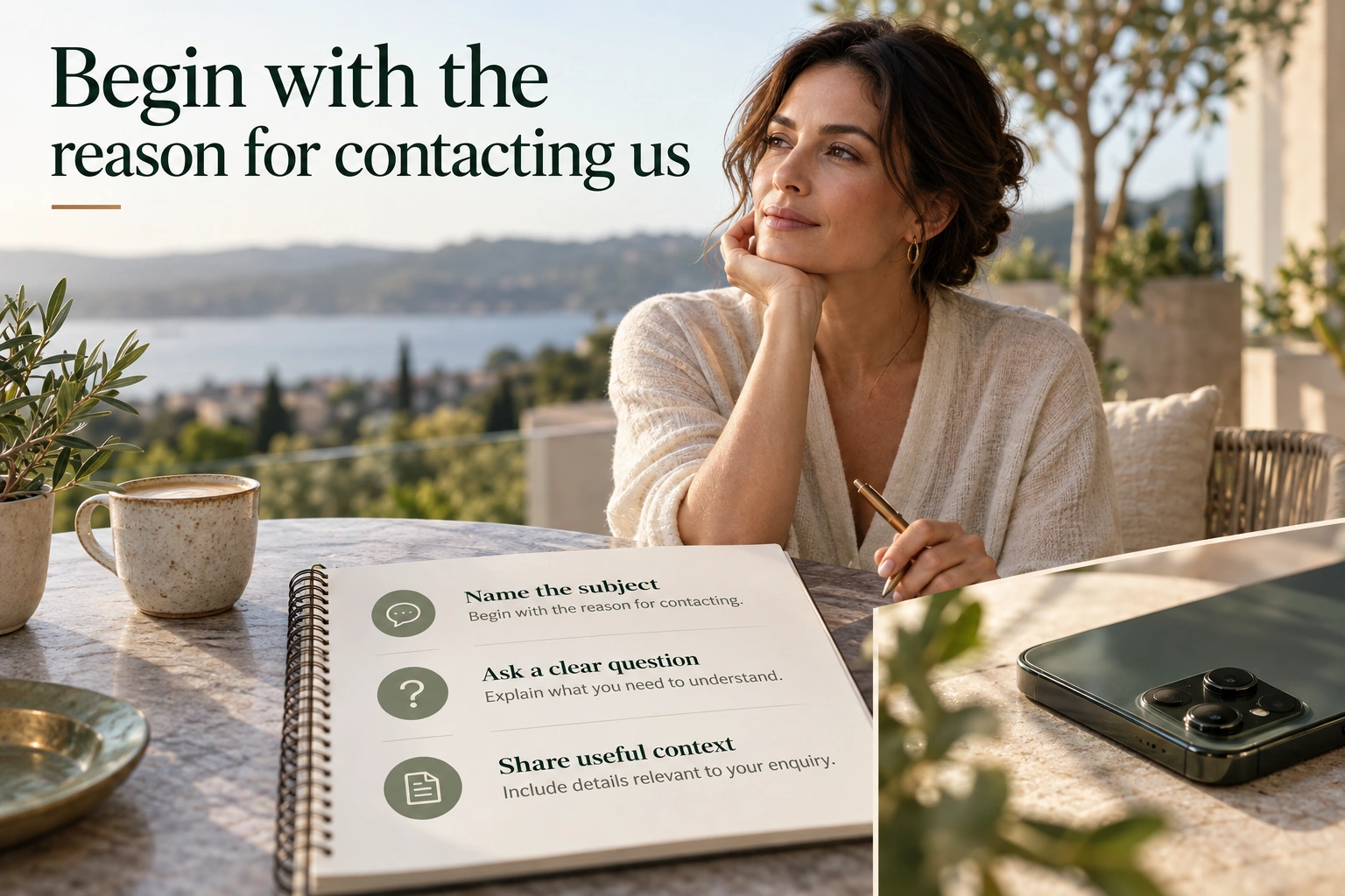 Illustrative infographic: Begin with the reason for contacting us